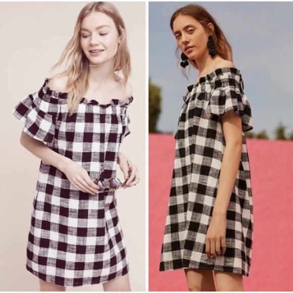Anthropologie Corey Lynn Calter Mini Dress Gingham Off Shoulder Black White XS - Picture 1 of 7